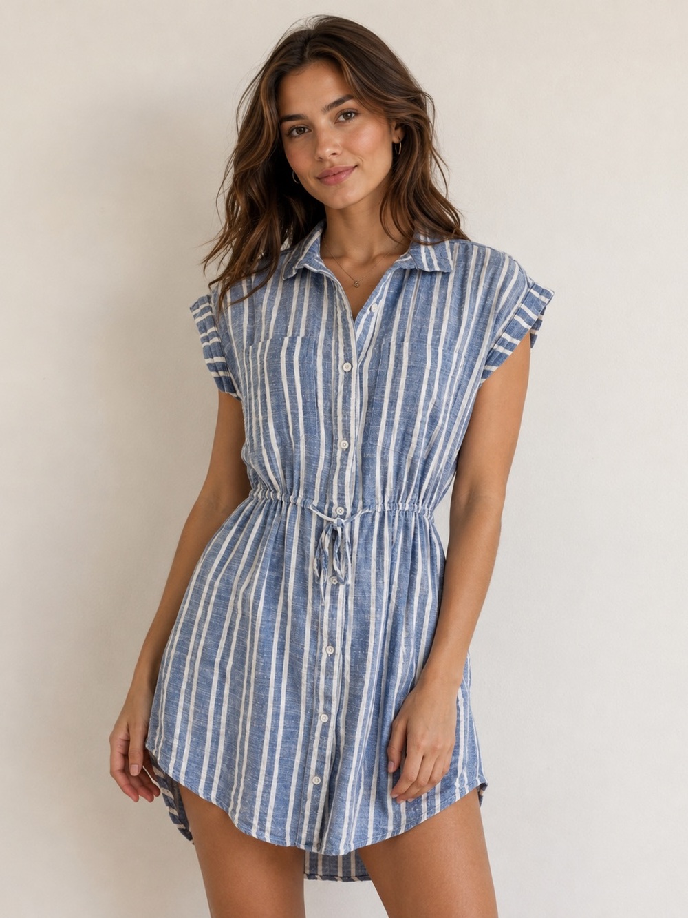 Blue White Striped Dress Lightweight Beachy Tie Waist Size XS Pockets Button